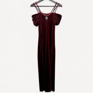 Vintage 90s Burgundy Velvet Maxi Dress Gothic Cold Shoulder M